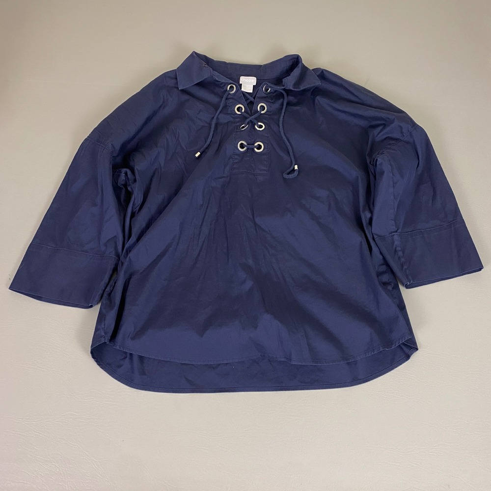 Chicos Blouse Top Size 2 (US L)‎ Navy Blue Lace Up Collared 3/4 Sleeve Shirt *